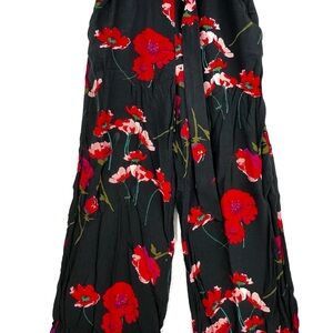 Aritzia Wilfred Faun Pant Medium Black Wide-Leg Floral with Red Poppy Print